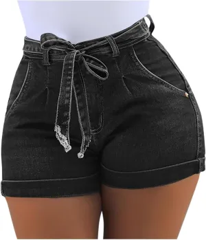 Women's Elastic Waist Tie Front Straight Denim Shorts Casual Drawstring Jean Shorts Summer Beach Shorts with Pocket