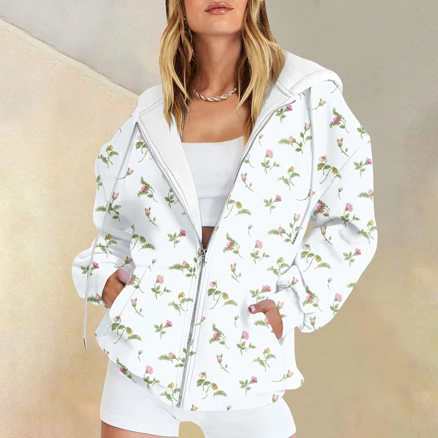 Women's Fashion Floral Print Zip Up Hoodies With Pockets, Casual Style, Long Sleeve, S-3XL