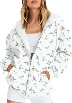 Women's Fashion Floral Print Zip Up Hoodies With Pockets, Casual Style, Long Sleeve, S-3XL