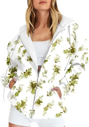 Women's Fashion Floral Print Zip Up Hoodies With Pockets, Casual Style, Long Sleeve, S-3XL
