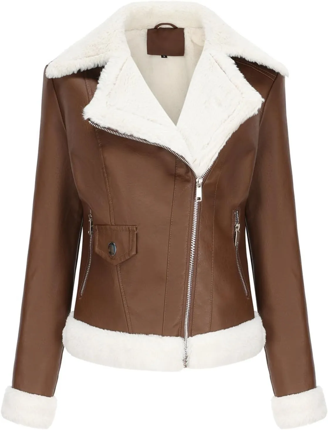 Women's Faux Shearing Moto Bomber Jacket Sherpa-Lined Coat Winter Aviator Leather Coat Outerwear
