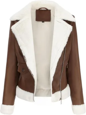 Women's Faux Shearing Moto Bomber Jacket Sherpa-Lined Coat Winter Aviator Leather Coat Outerwear