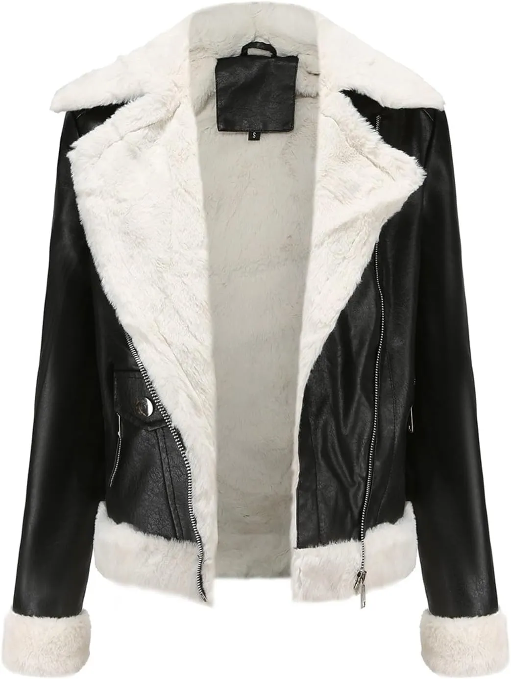 Women's Faux Shearing Moto Bomber Jacket Sherpa-Lined Coat Winter Leather Coat Outerwear