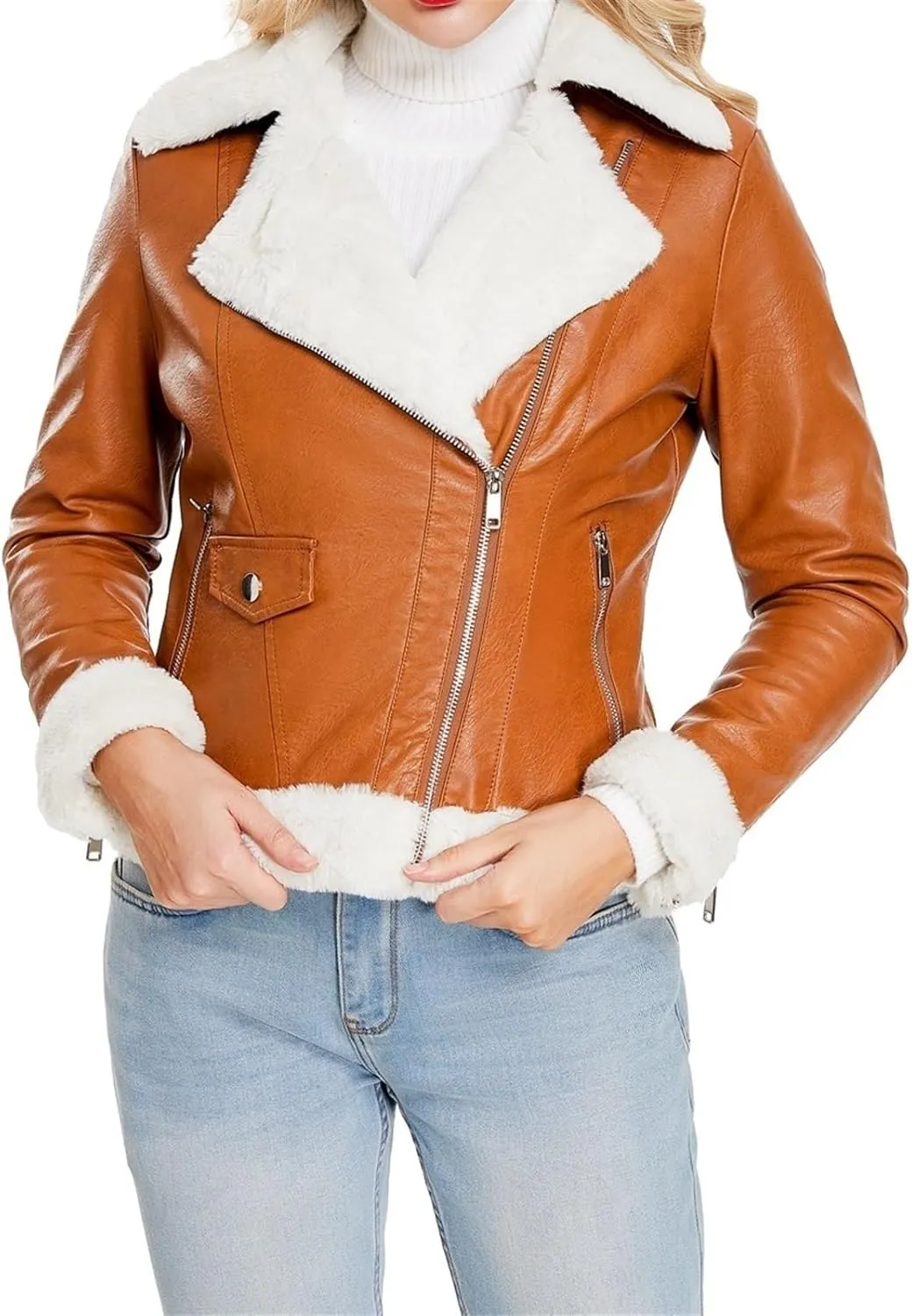 Women's Faux Shearing Moto Bomber Jacket Sherpa-Lined Coat Winter Leather Coat Outerwear
