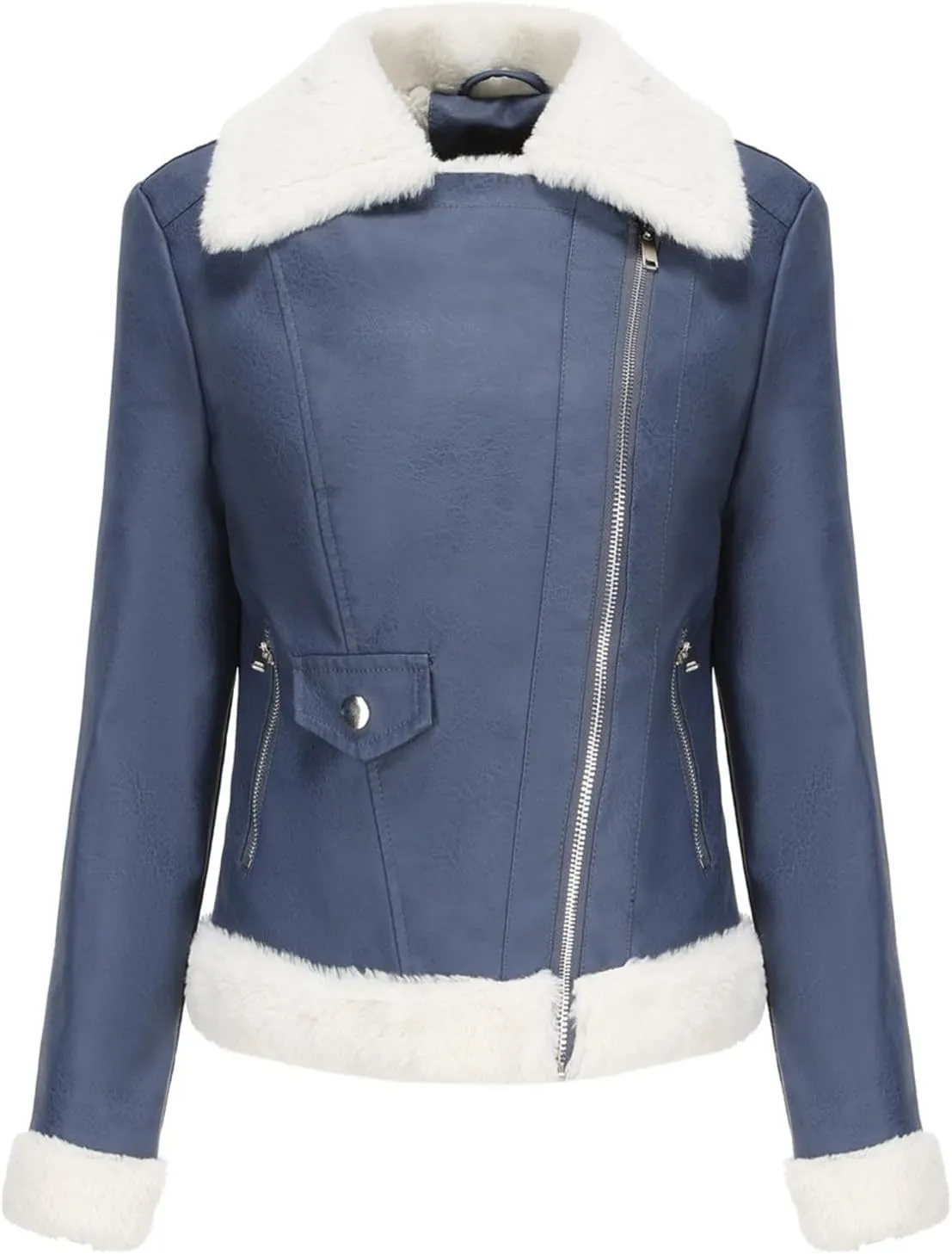 Women's Faux Shearing Moto Bomber Jacket Sherpa-Lined Coat Winter Leather Coat Outerwear