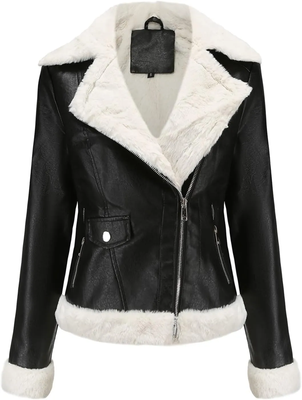 Women's Faux Shearing Moto Bomber Jacket Sherpa-Lined Coat Winter Leather Coat Outerwear