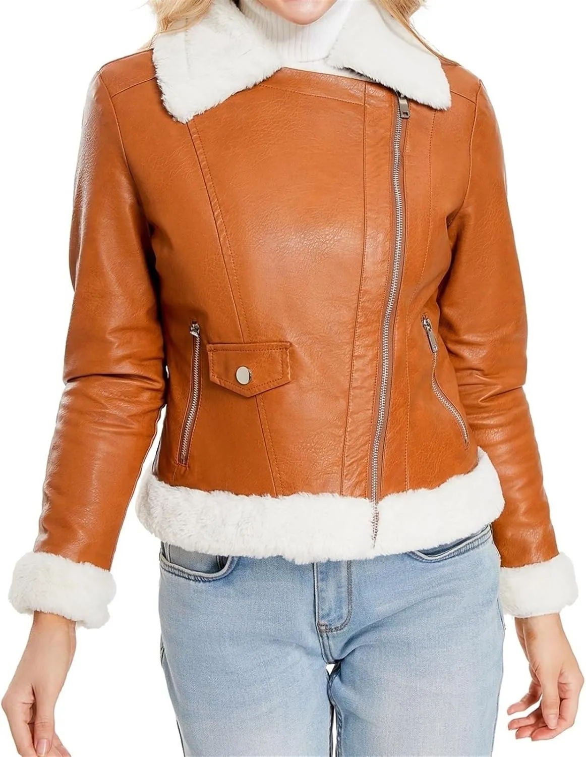 Women's Faux Shearing Moto Bomber Jacket Sherpa-Lined Coat Winter Leather Coat Outerwear