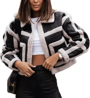 Women's Faux Shearing Moto Bomber Jacket Sherpa-Lined Coat Winter Leather Coat Outerwear