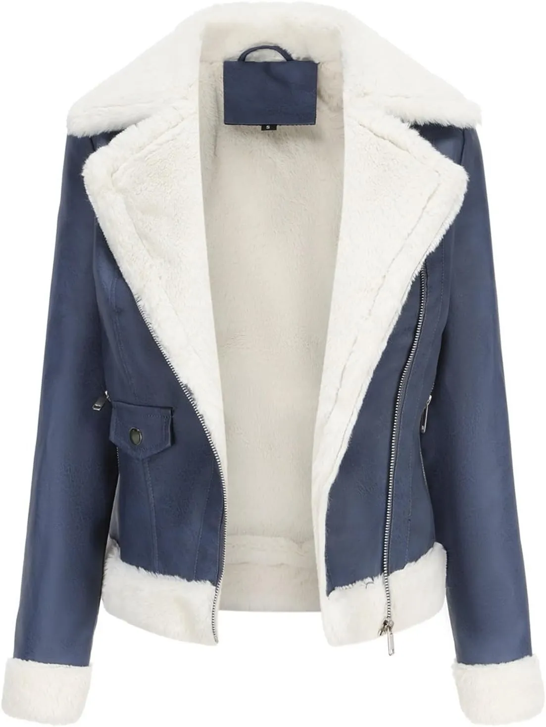 Women's Faux Shearing Moto Bomber Jacket Sherpa-Lined Coat Winter Leather Coat Outerwear