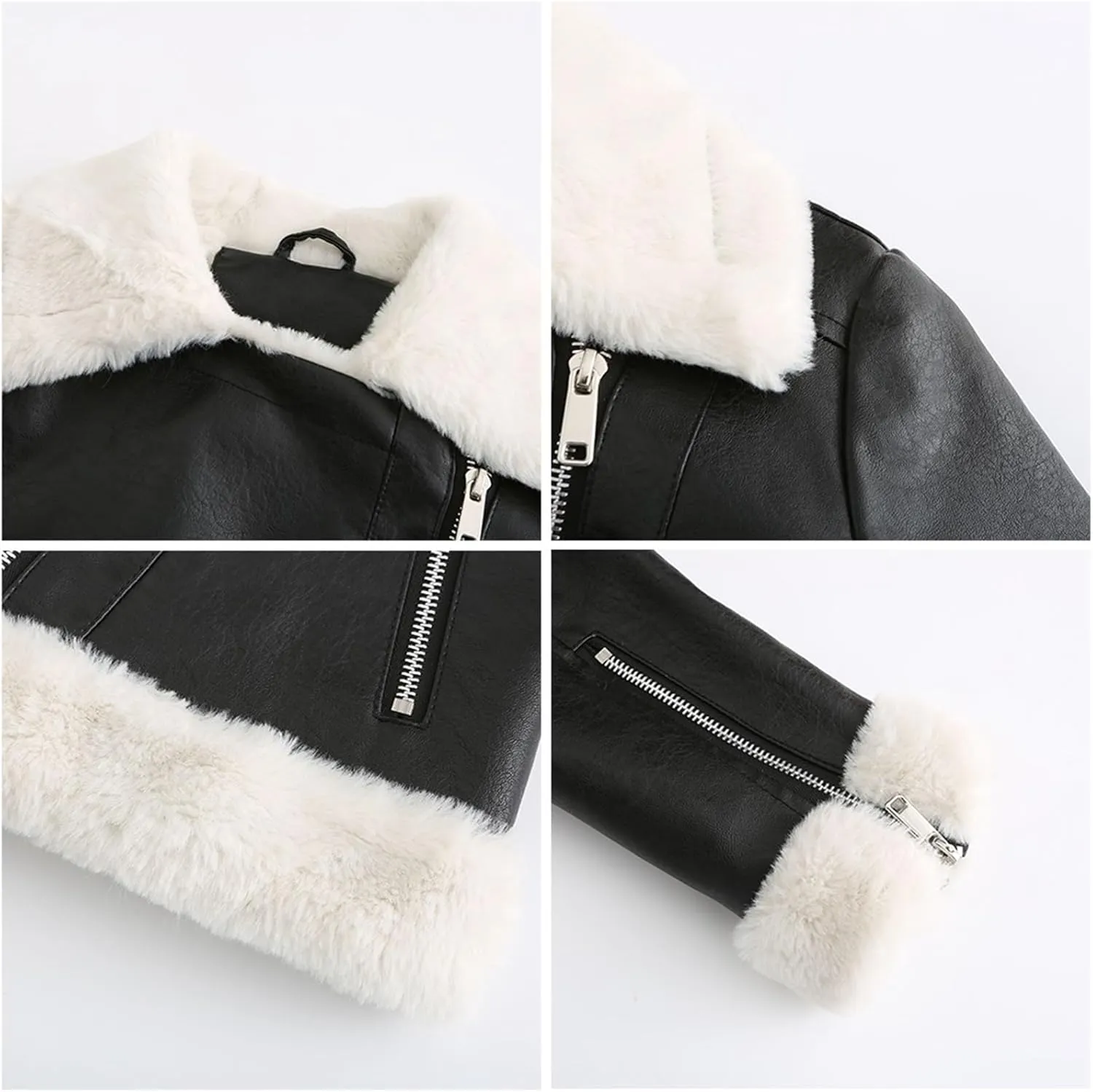Women's Faux Shearing Moto Bomber Jacket Sherpa-Lined Coat Winter Leather Coat Outerwear