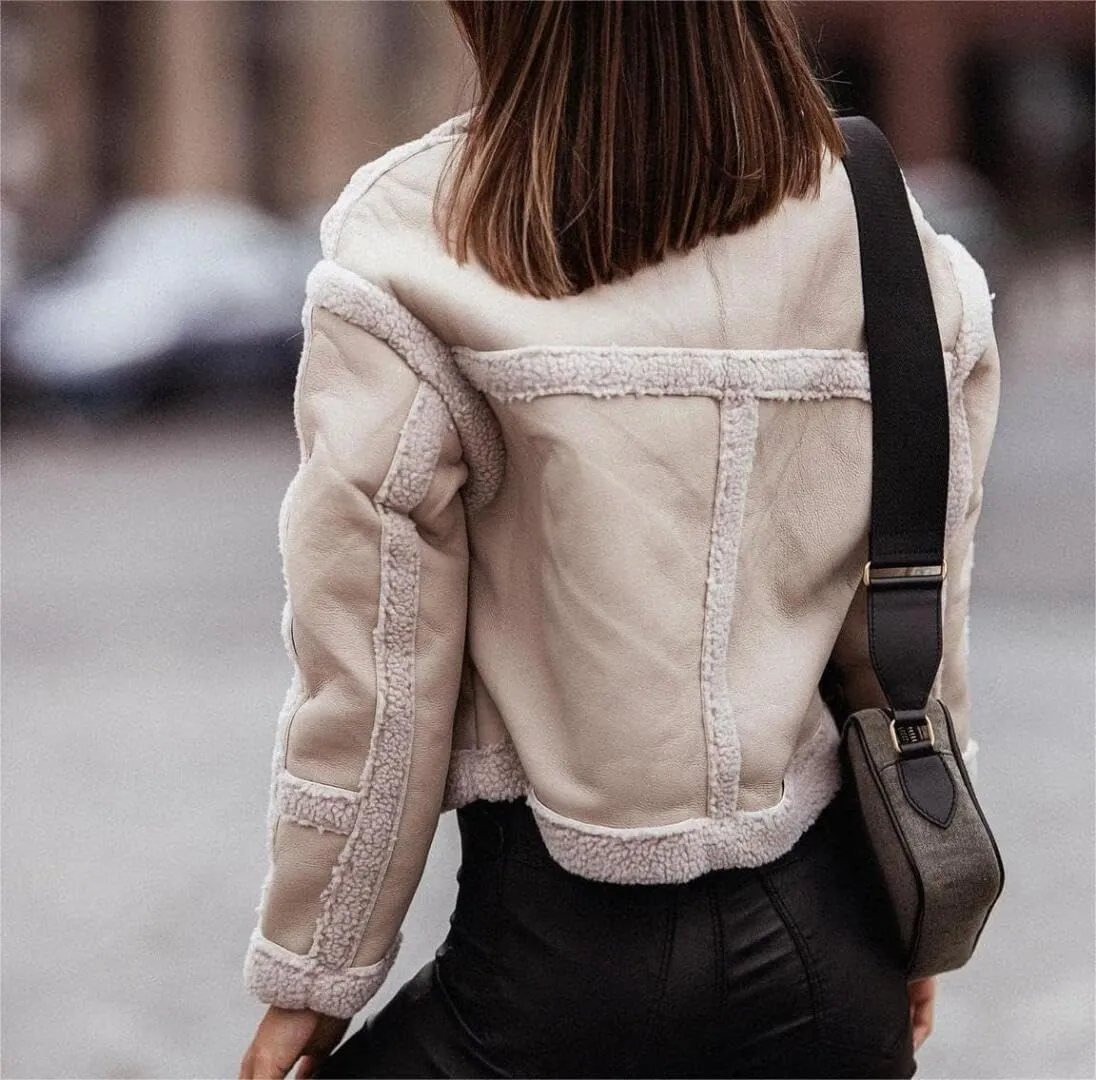 Women's Faux Shearing Moto Bomber Jacket Sherpa-Lined Coat Winter Leather Coat Outerwear