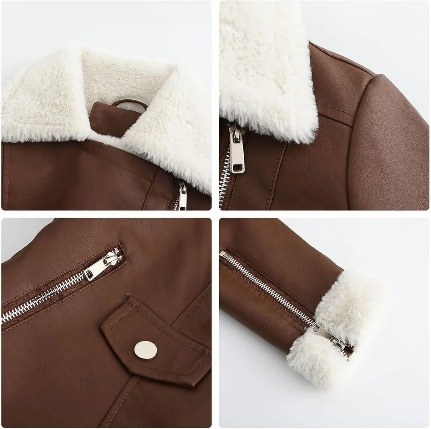 Women's Faux Shearing Moto Bomber Jacket Sherpa-Lined Coat Winter Leather Coat Outerwear