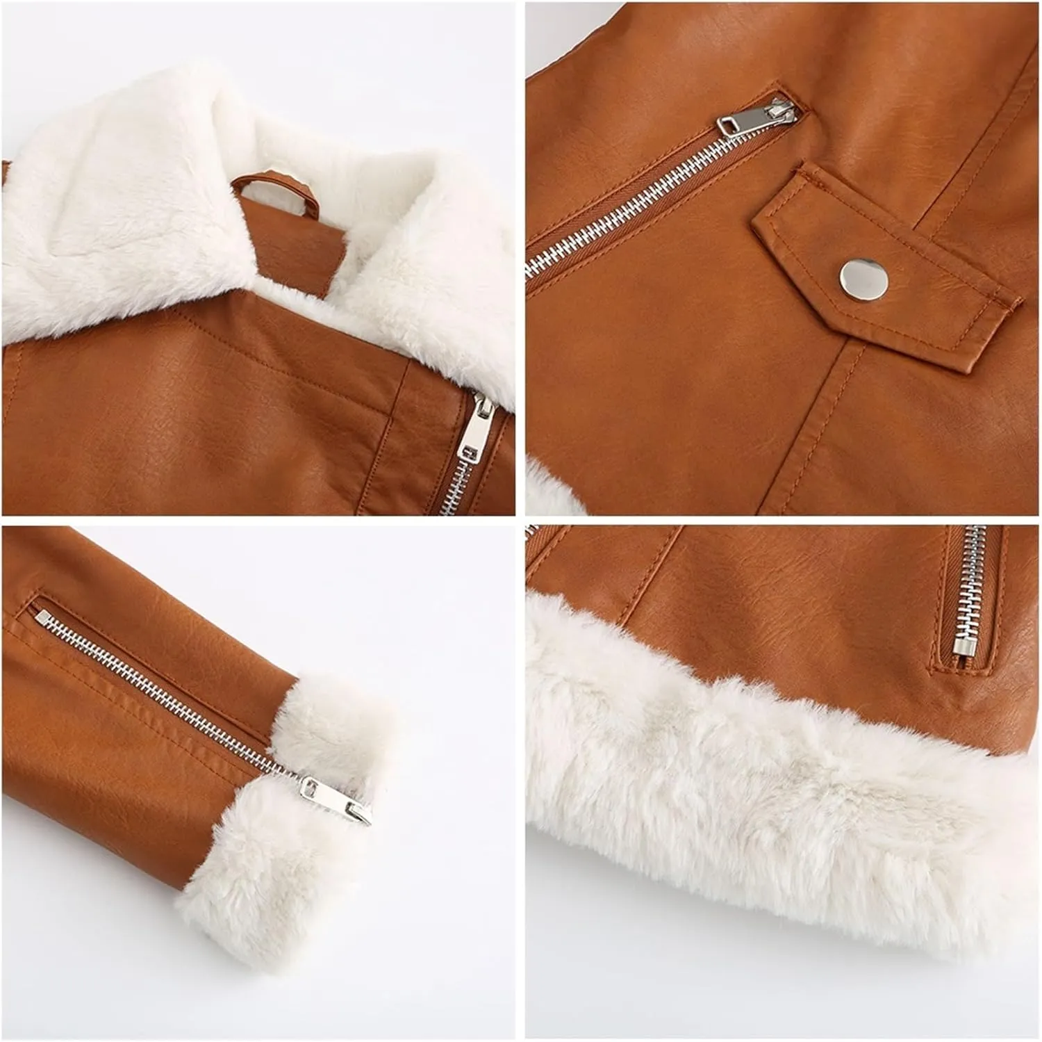 Women's Faux Shearing Moto Bomber Jacket Sherpa-Lined Coat Winter Leather Coat Outerwear