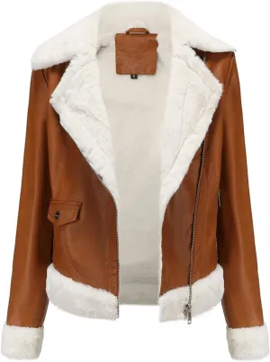 Women's Faux Shearing Moto Bomber Jacket Sherpa-Lined Coat Winter Leather Coat Outerwear