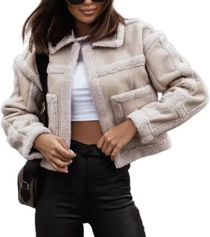 Women's Faux Shearing Moto Bomber Jacket Sherpa-Lined Coat Winter Leather Coat Outerwear