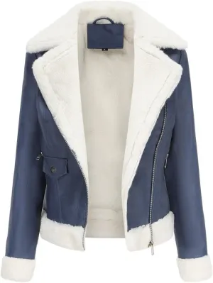 Women's Faux Shearing Moto Bomber Jacket Sherpa-Lined Coat Winter Leather Coat Outerwear