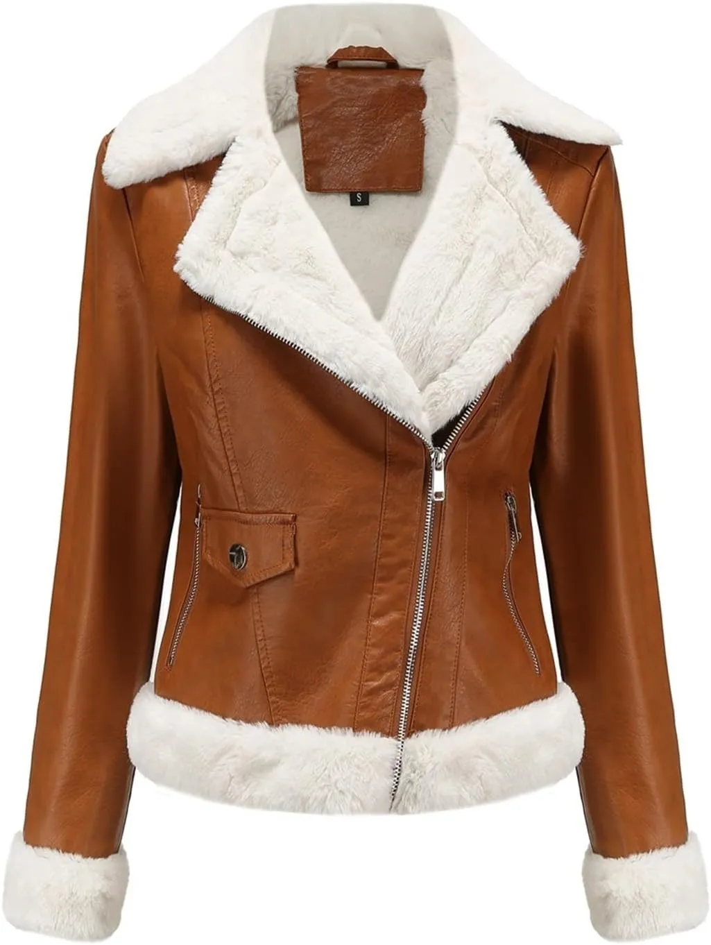 Women's Faux Shearing Moto Bomber Jacket Sherpa-Lined Coat Winter Leather Coat Outerwear