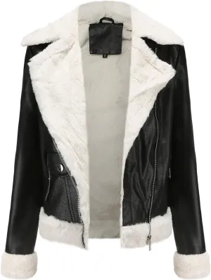Women's Faux Shearing Moto Bomber Jacket Sherpa-Lined Coat Winter Leather Coat Outerwear