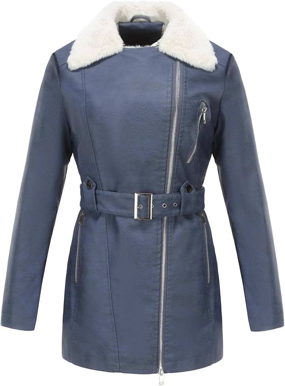 Women's Faux Suede Winter Long Jacket Shearing Lined Winter Aviator Leather Coat with Belt