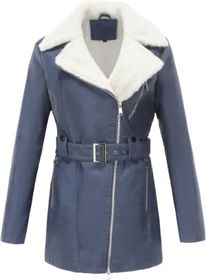 Women's Faux Suede Winter Long Jacket Shearing Lined Winter Aviator Leather Coat with Belt
