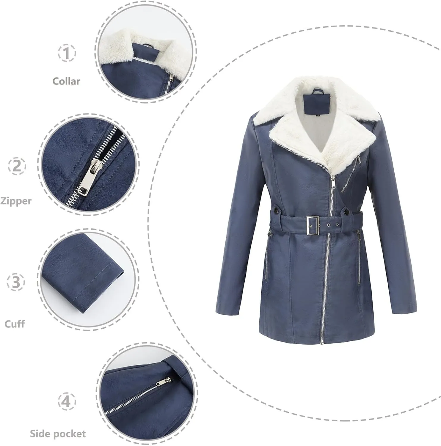 Women's Faux Suede Winter Long Jacket Shearing Lined Winter Aviator Leather Coat with Belt