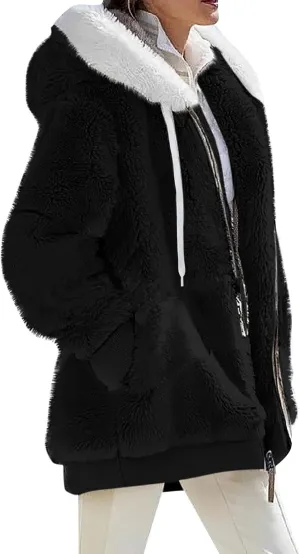 Womens Fuzzy Fleece Hooded Jackets Fall Winter Zip up Warm Outerwear Coats Casual Loose Sherpa Jacket with Pockets
