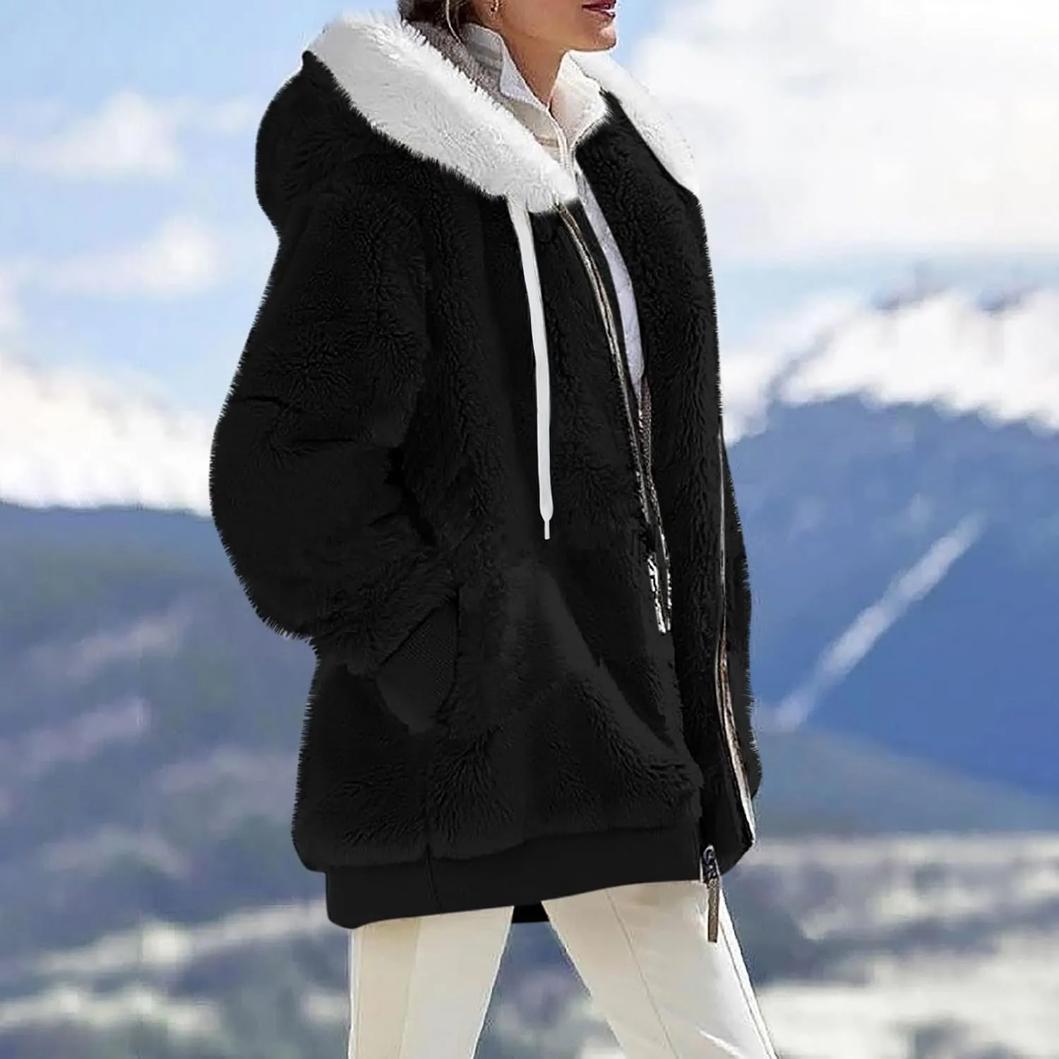 Womens Fuzzy Fleece Hooded Jackets Fall Winter Zip up Warm Outerwear Coats Casual Loose Sherpa Jacket with Pockets