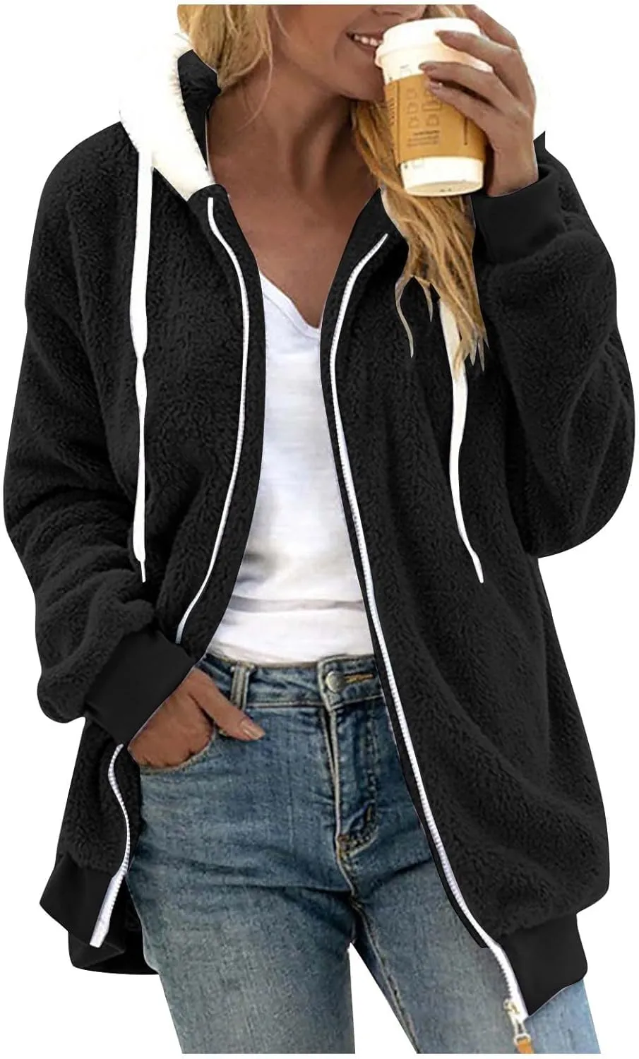 Womens Fuzzy Fleece Hooded Jackets Fall Winter Zip up Warm Outerwear Coats Casual Loose Sherpa Jacket with Pockets