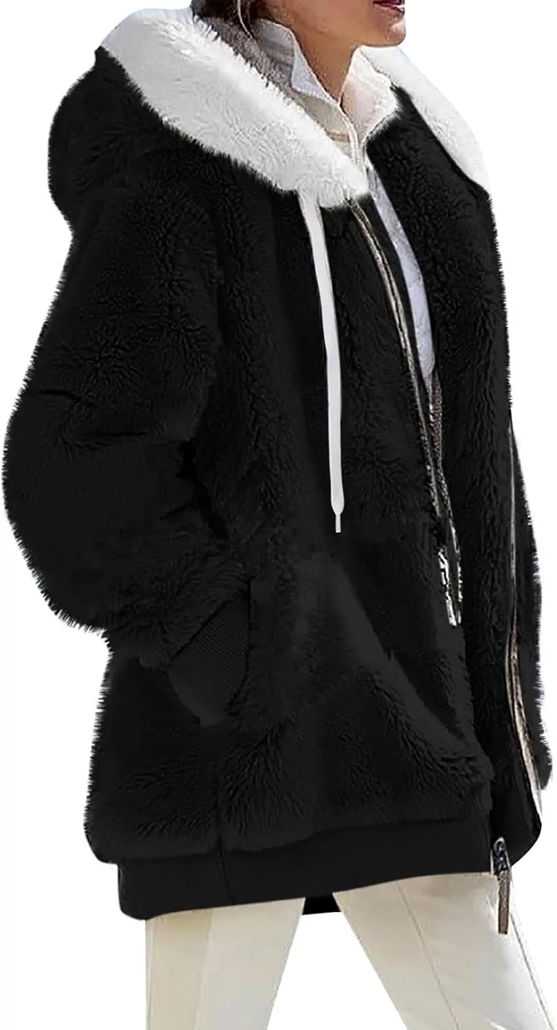 Womens Fuzzy Fleece Hooded Jackets Fall Winter Zip up Warm Outerwear Coats Casual Loose Sherpa Jacket with Pockets
