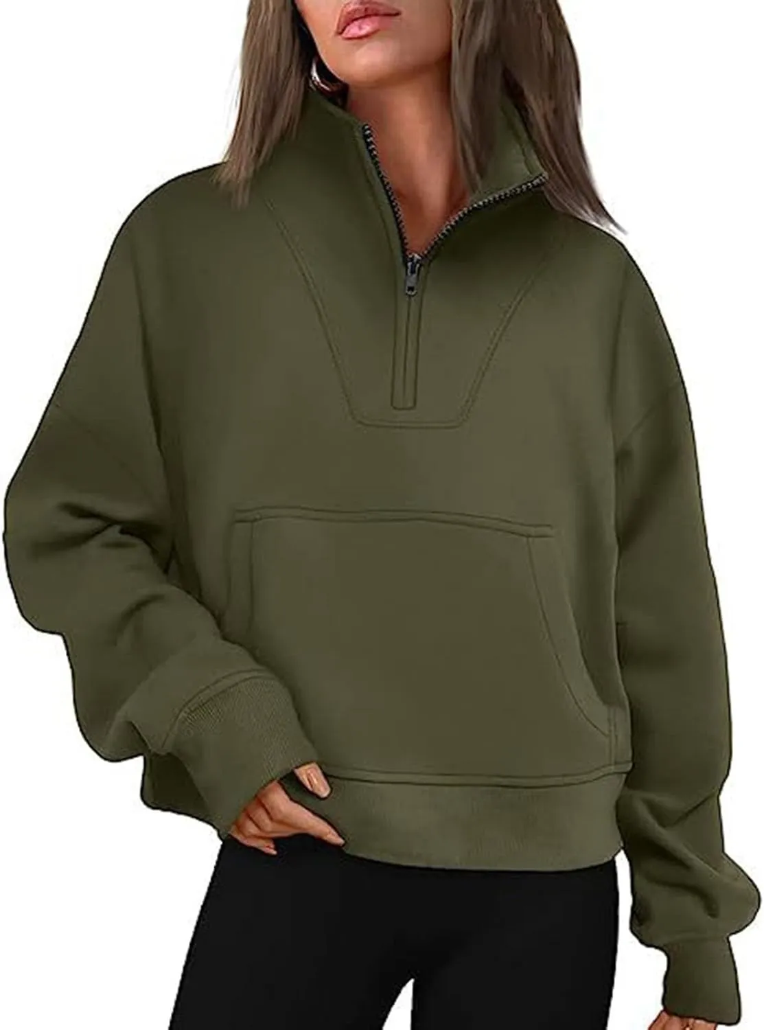 Women's Half Zip Sweatshirt Oversized Casual Long Sleeve Pocket Cropped Pullover Tops Fall Fashion Y2k Clothes