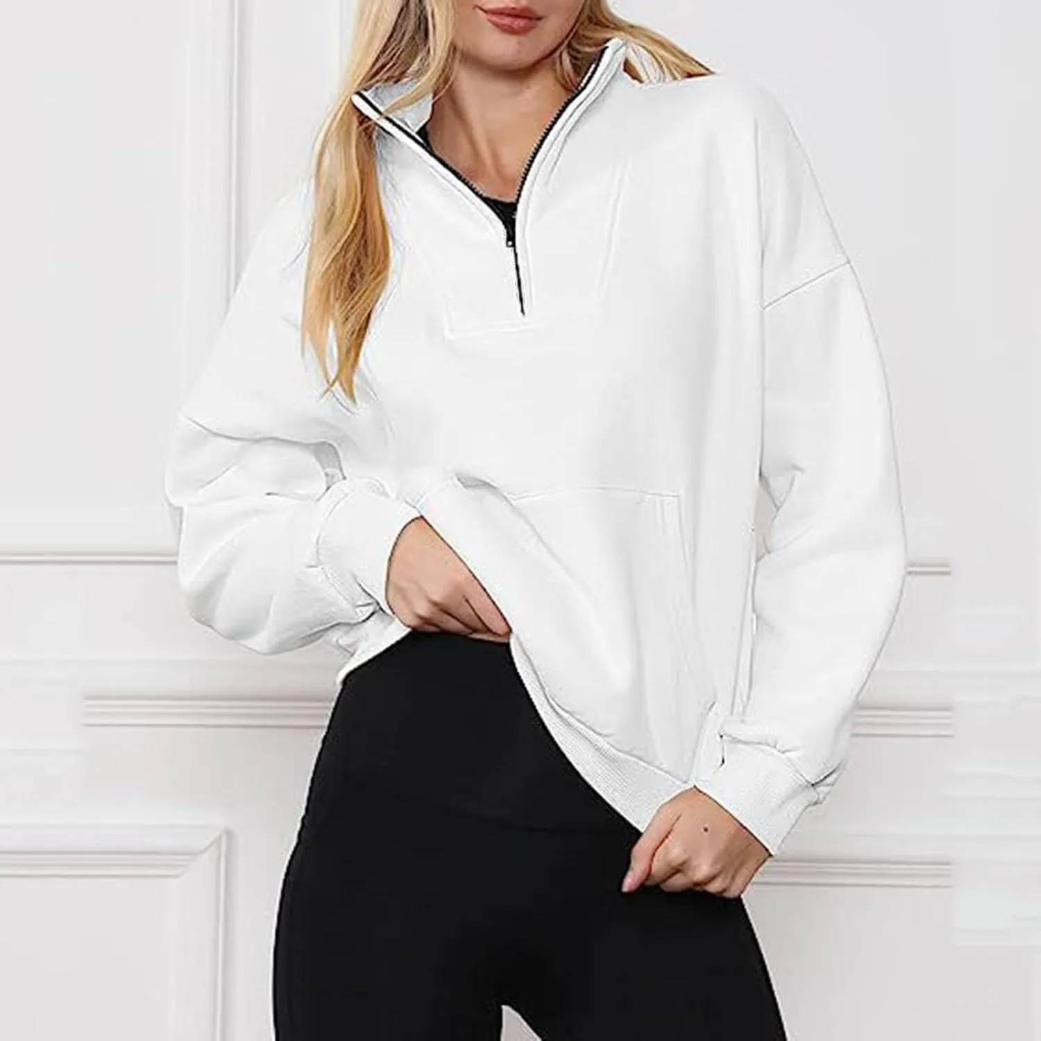 Women's Half Zip Sweatshirt Oversized Casual Long Sleeve Pocket Cropped Pullover Tops Fall Fashion Y2k Clothes
