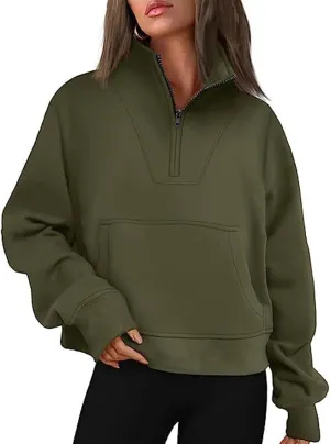 Women's Half Zip Sweatshirt Oversized Casual Long Sleeve Pocket Cropped Pullover Tops Fall Fashion Y2k Clothes