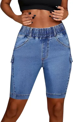 Women's High Waisted Bermuda Shorts Casual Stretchy Knee Length Jean Shorts Mid-Low Waisted Denim Y2K Jorts