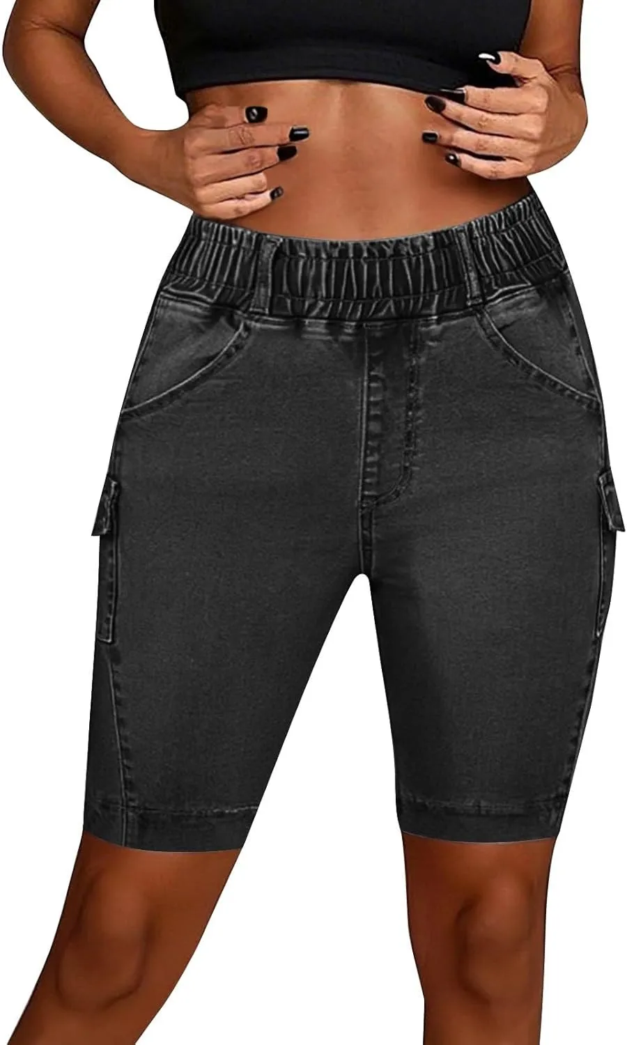 Women's High Waisted Bermuda Shorts Casual Stretchy Knee Length Jean Shorts Mid-Low Waisted Denim Y2K Jorts