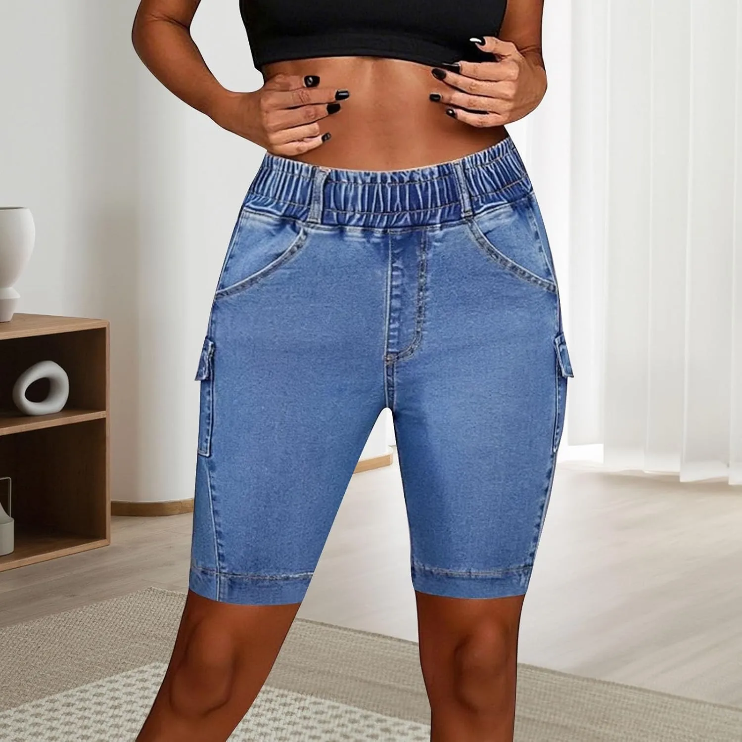 Women's High Waisted Bermuda Shorts Casual Stretchy Knee Length Jean Shorts Mid-Low Waisted Denim Y2K Jorts