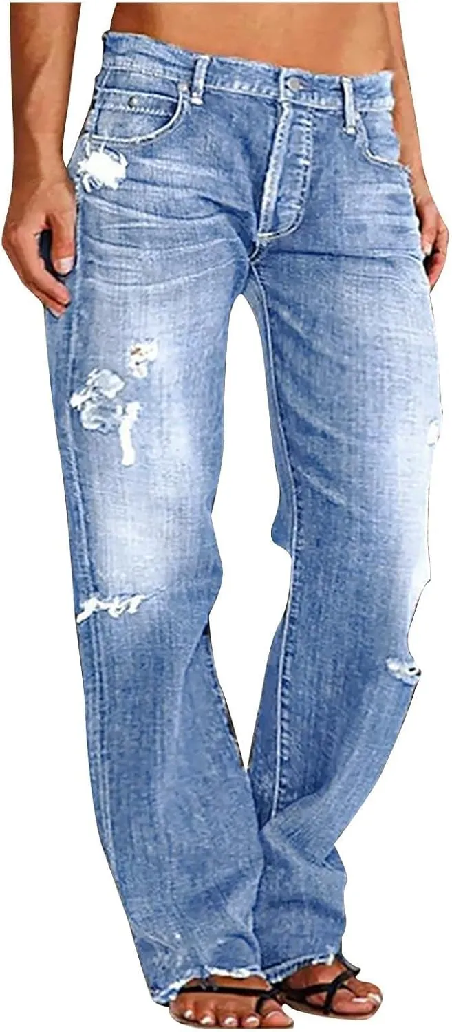 Women's High Waisted Jeans Boyfriend Straight Leg Casual Denim Pants Jeans Stretchy Leg Baggy Trendy Trousers