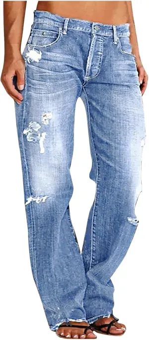 Women's High Waisted Jeans Boyfriend Straight Leg Casual Denim Pants Jeans Stretchy Leg Baggy Trendy Trousers
