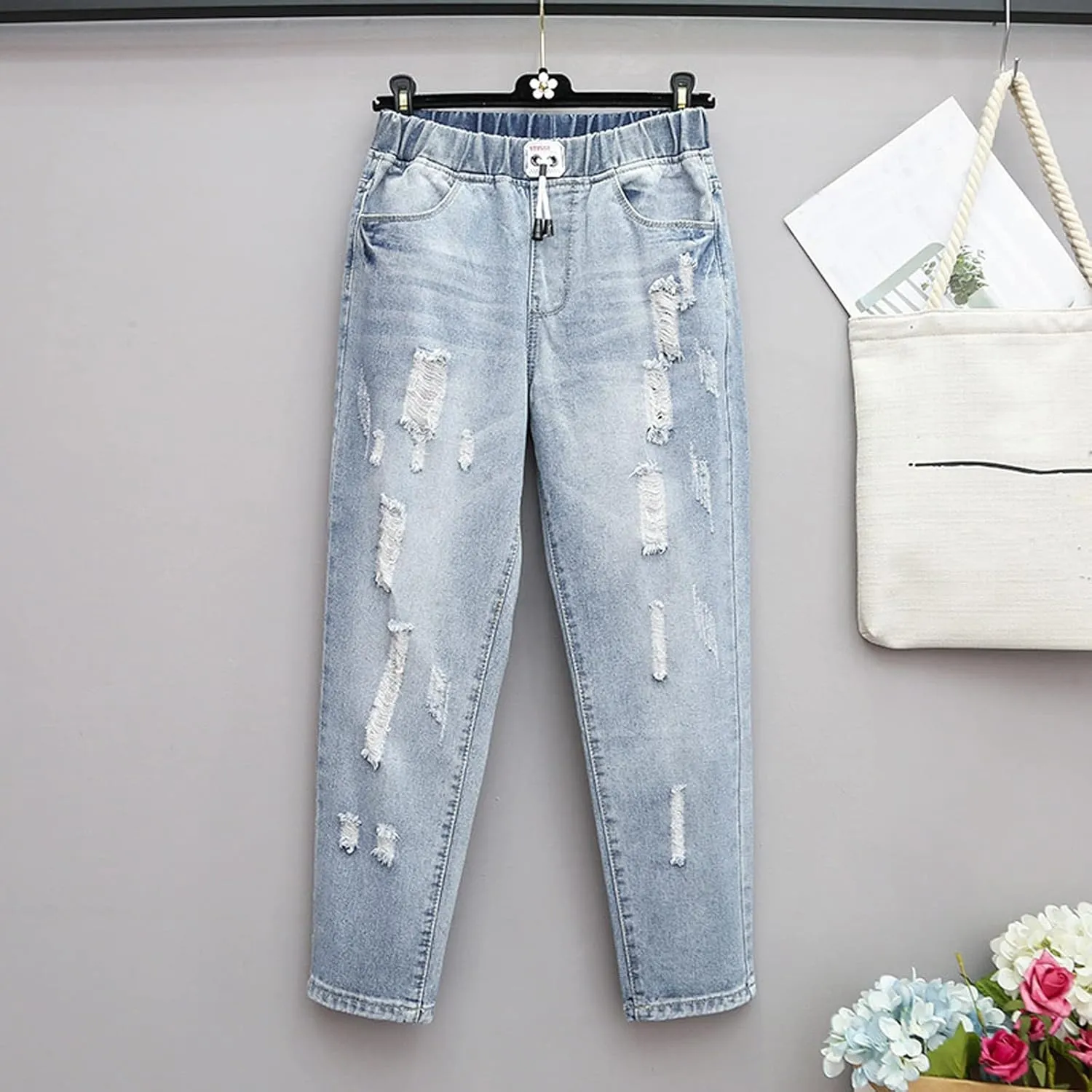 Women's High Waisted Jeans Strechy Raw Hem Straight Leg Denim Pants Elastic Waist Bottom Baggy Y2K Pants