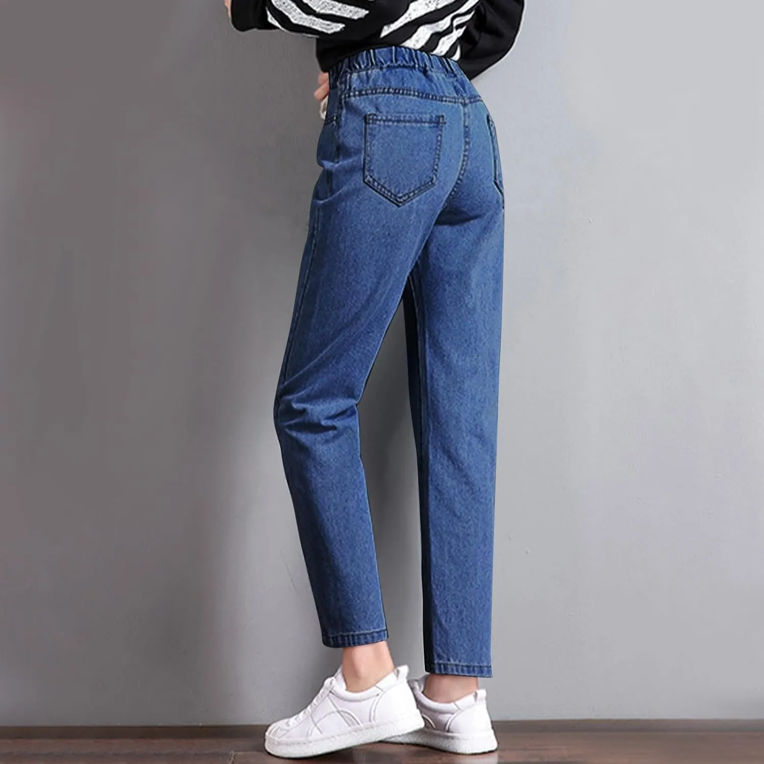 Women's High Waisted Jeans Strechy Raw Hem Straight Leg Denim Pants Elastic Waist Bottom Baggy Y2K Pants