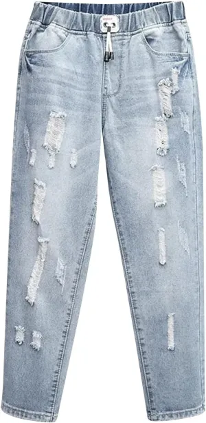 Women's High Waisted Jeans Strechy Raw Hem Straight Leg Denim Pants Elastic Waist Bottom Baggy Y2K Pants