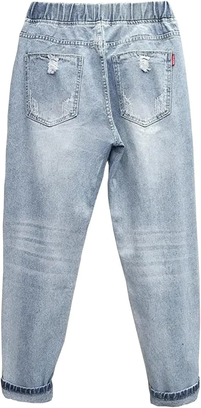Women's High Waisted Jeans Strechy Raw Hem Straight Leg Denim Pants Elastic Waist Bottom Baggy Y2K Pants