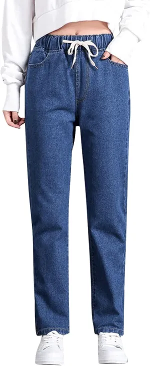 Women's High Waisted Jeans Strechy Raw Hem Straight Leg Denim Pants Elastic Waist Bottom Baggy Y2K Pants