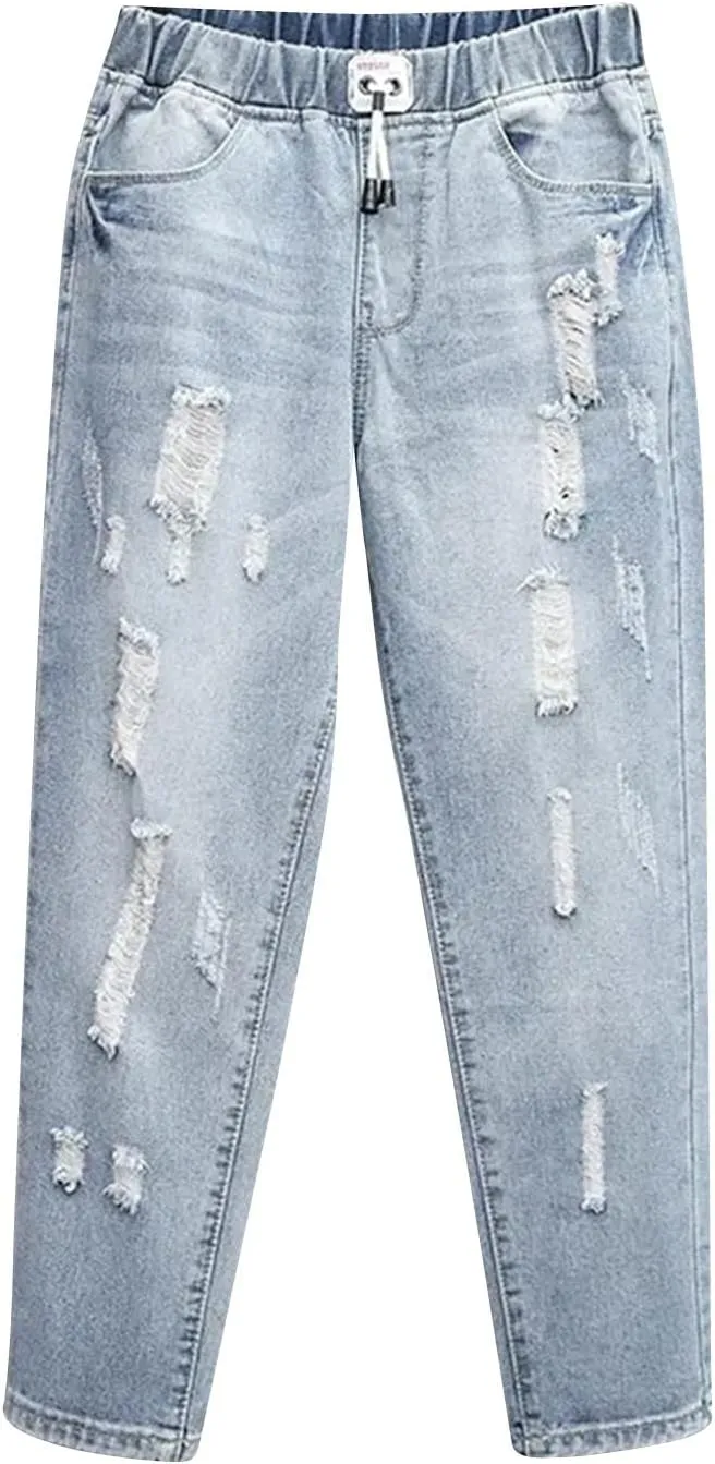 Women's High Waisted Jeans Strechy Raw Hem Straight Leg Denim Pants Elastic Waist Bottom Baggy Y2K Pants