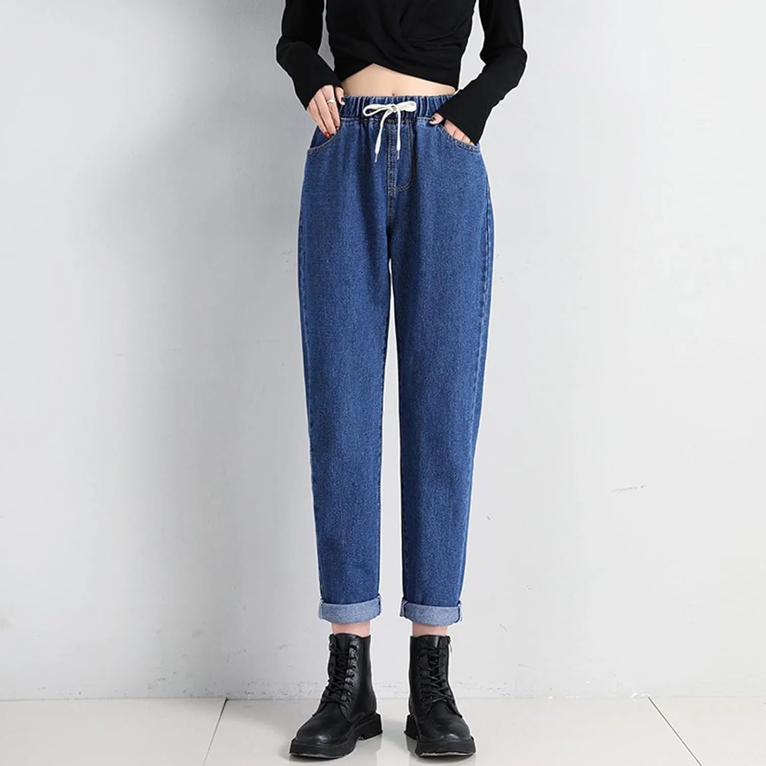 Women's High Waisted Jeans Strechy Raw Hem Straight Leg Denim Pants Elastic Waist Bottom Baggy Y2K Pants