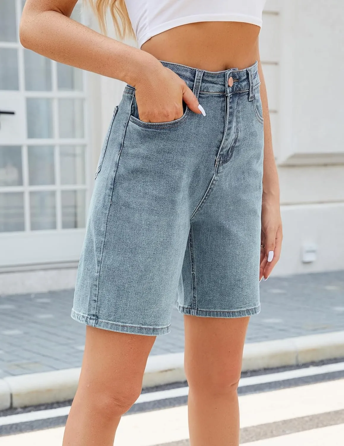 Women's High Waisted Stretchy Bermuda Denim Shorts - Trendy Casual Loose Fit