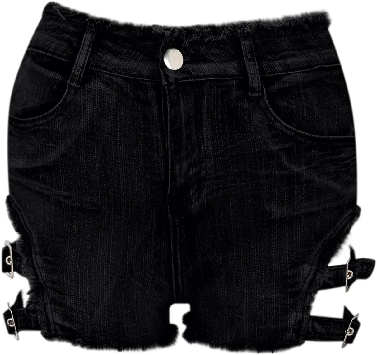 Women's High Waisted Summer Elastic Jean Shorts Sexy Gothic Punk Dance Frayed Ripped Holes Metal Buckle Denim Shorts