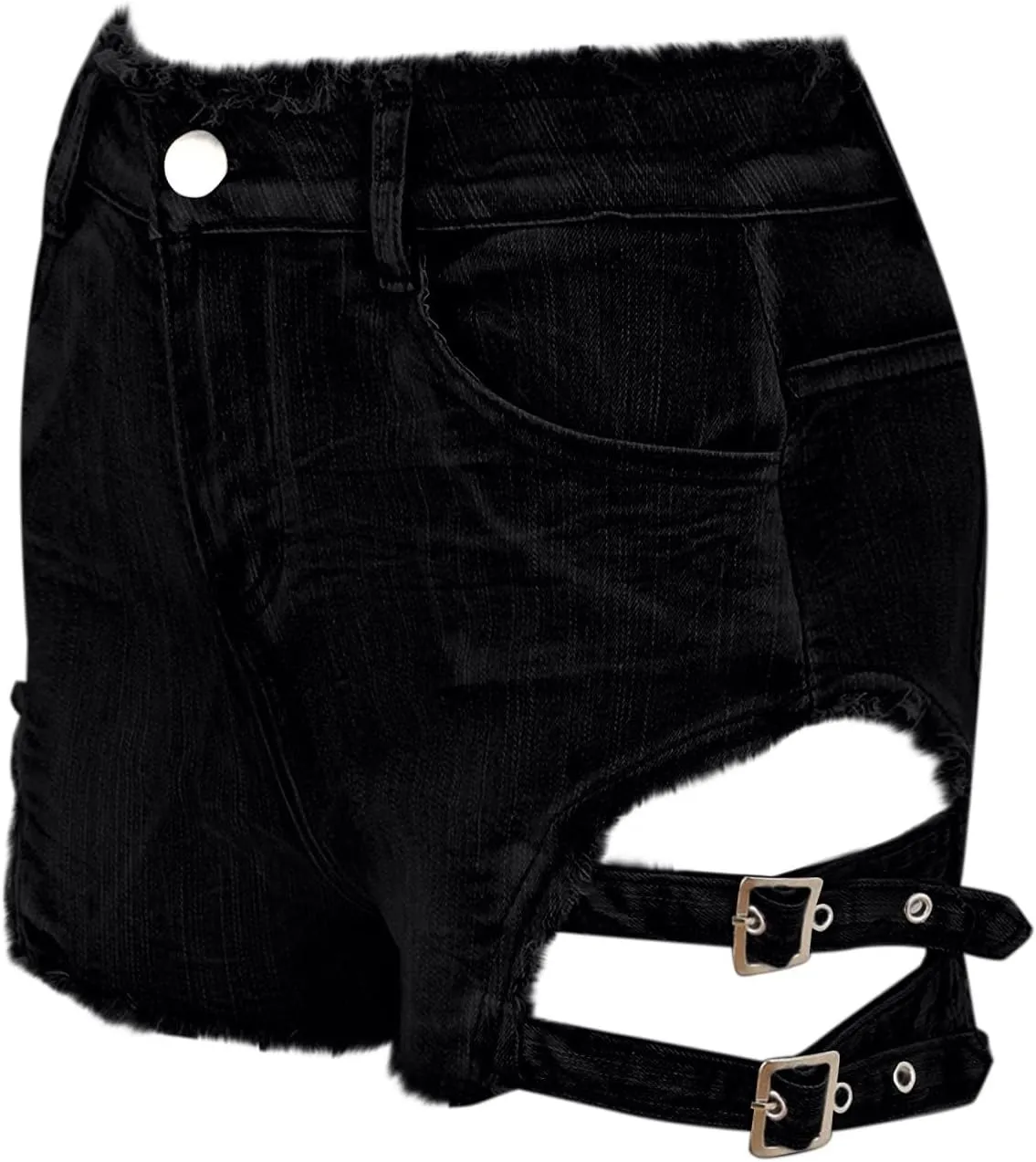 Women's High Waisted Summer Elastic Jean Shorts Sexy Gothic Punk Dance Frayed Ripped Holes Metal Buckle Denim Shorts