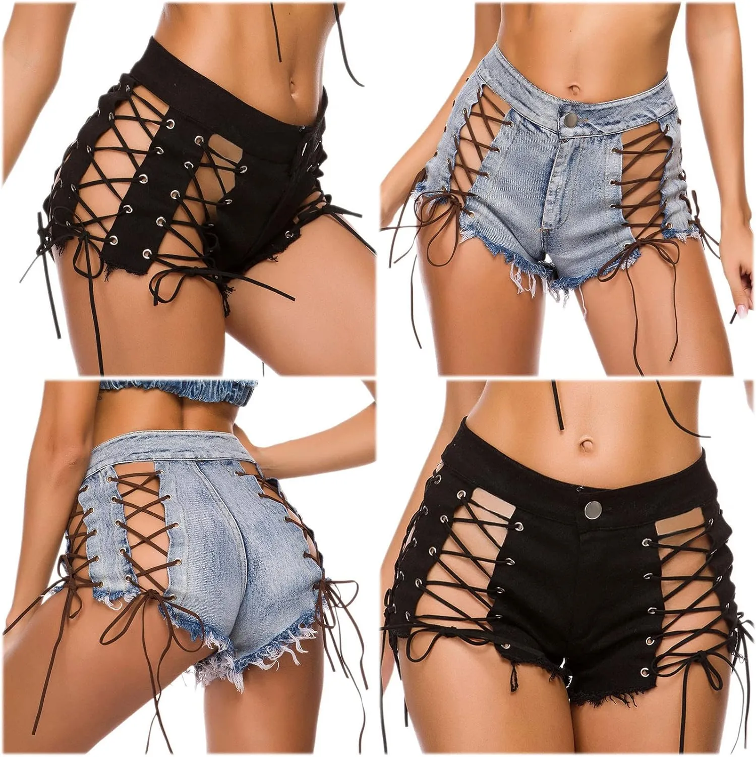 Women's Hollow Out Denim Shorts Sexy Hotpants Short Jeans Knee Length Half Pants High Waist Stretch Denim Shorts