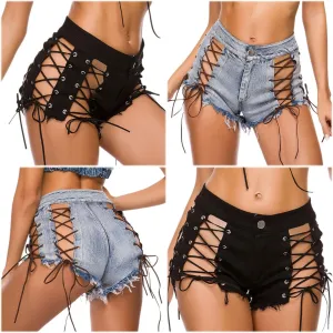 Women's Hollow Out Denim Shorts Sexy Hotpants Short Jeans Knee Length Half Pants High Waist Stretch Denim Shorts