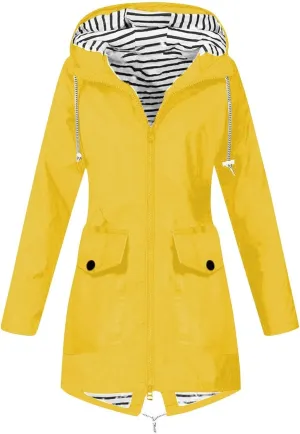 Women's Hooded Rain Jacket Lightweight Windbreaker with Drawstring Waist and Striped Light Rain Jacket Women